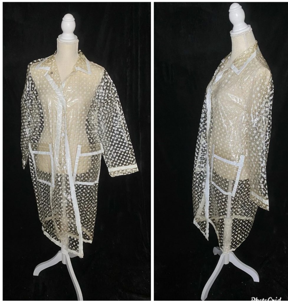 What to wear when it's raining: A Vintage 1970’s clear vinyl raincoat with white polka dots