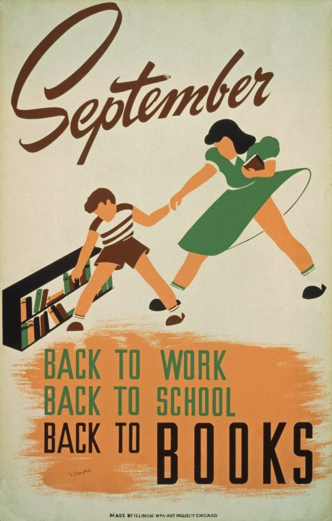 Vintage Advertising for Back to School and Back to Work featuring an illustration  of kids in 1950s fashions. 