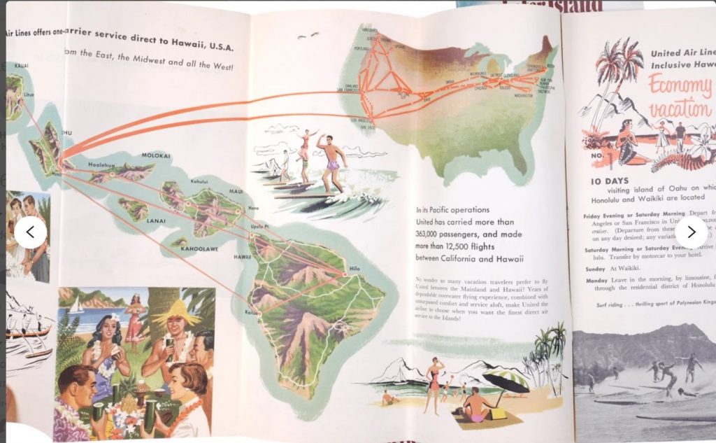 Visit the Hawaiian Islands -1950s vintage travel brochure featuring illustrations of the Islands, and people having fun in Hawaii. 