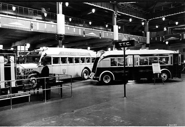 1930s vintage photo of the TTC (Toronto Transit Commision) exhibit at the CNE Automotive Building, 1936.