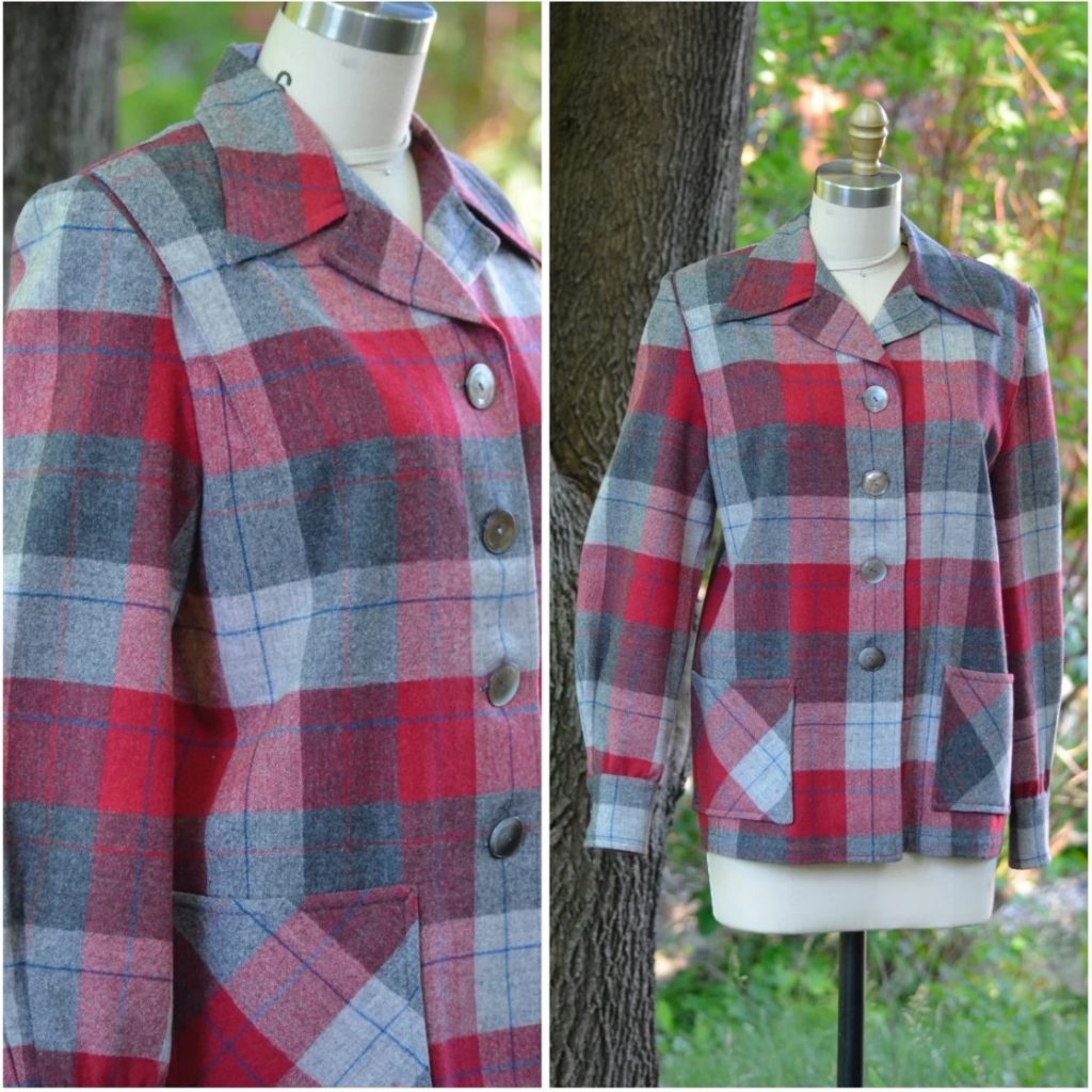 1940s Fashion / Fall Outfit Inspiration: a cozy 1940s 49er style jacket. It features large plaid in red and grey. Silver buttons fasten down the front and the cuffs. It has shoulder pads and great back.