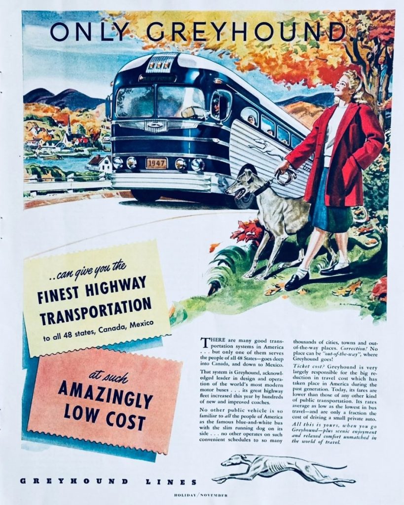 1940s vintage ad for Greyhound bus lines featuring travel during fall autum season illustration shows a grehound dog, a bus and a woman in 1940s fashion and 1940s hairstyle.