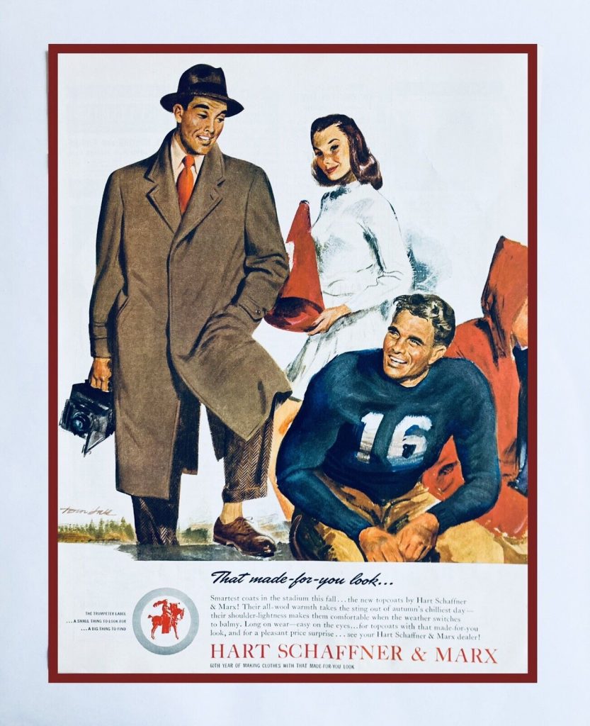 1940s vintage ad for Hart Schaffner & Marx men's coats for Fall featuring an illustration of a cheerleader, a football player and the photographer in the coat. 