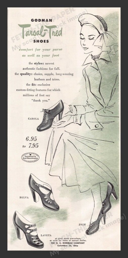 1940s vintage fashion ad for Godman Tarsal-Tred shoes comfort. Women's Fall  Fashion shoes. 