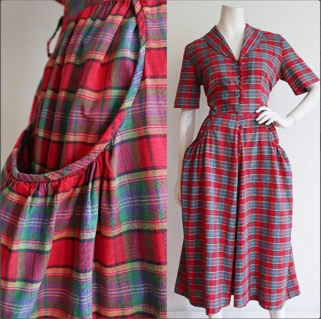 1940s Fashion / Fall Outfit Inspiration: A lovely 1940s plaid day dress. It features a shawl collar with beautiful button down closure, massive hip pockets and a full breezy skirt