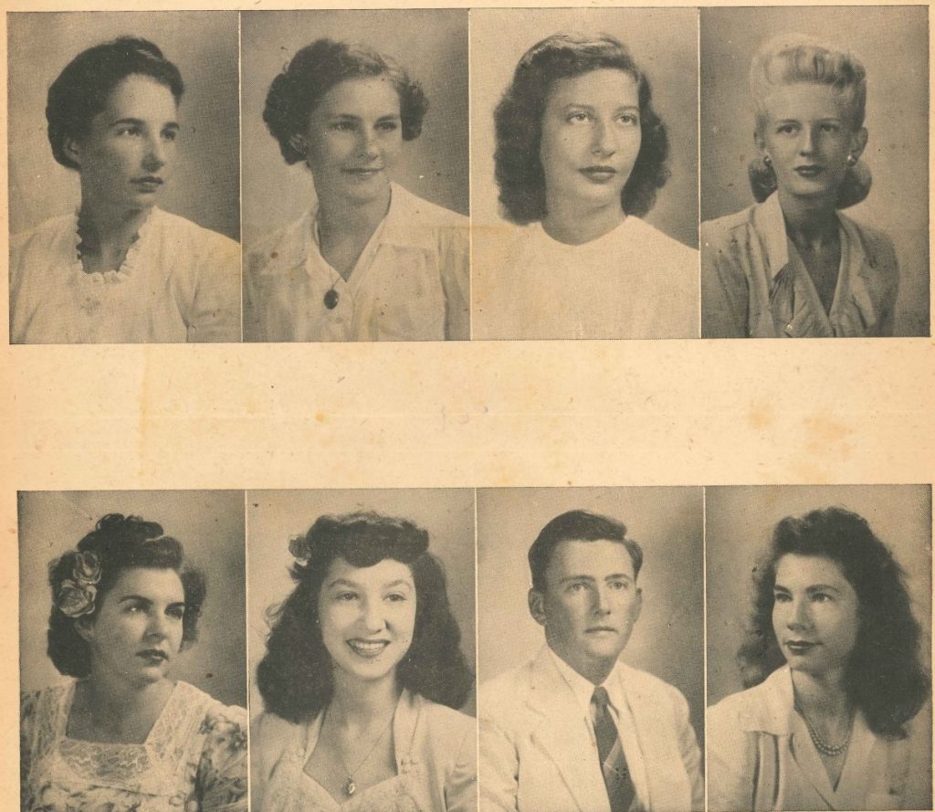 1940s vintage yearbook photo of 1940s women and men. The women are wearing fantastic 1940s hairstyles that are great inspiration for your own look. Seen at Palm Beach Junior College 