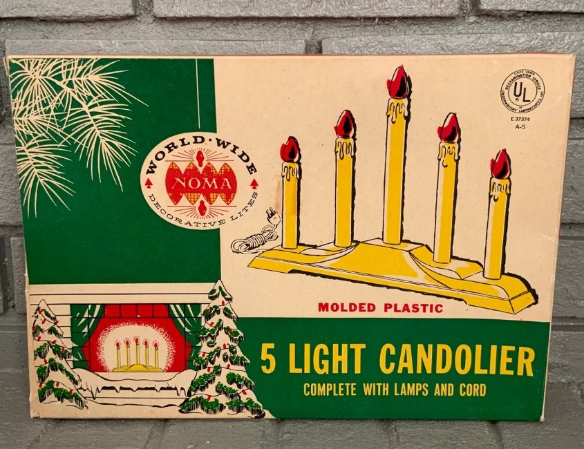 1950s Christmas: 1950’s Noma brand 5 light electric candolier in the original box
