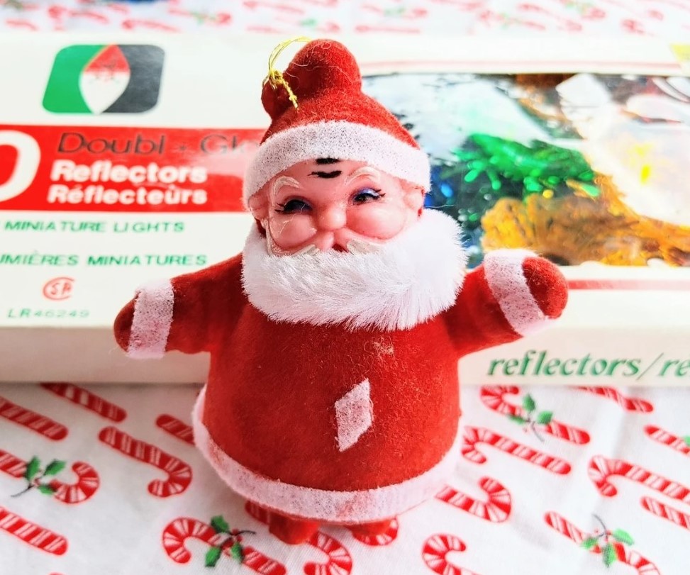 Vintage Flocked Santa Tree Ornament - 1950's Atomic/Mid Century Christmas Decor