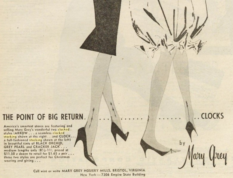 1958 vintage ad for Mary Grey Hosiery talking about "The Point of Big Return...Clocks". 1950's Women's Nylons / Stockings. 