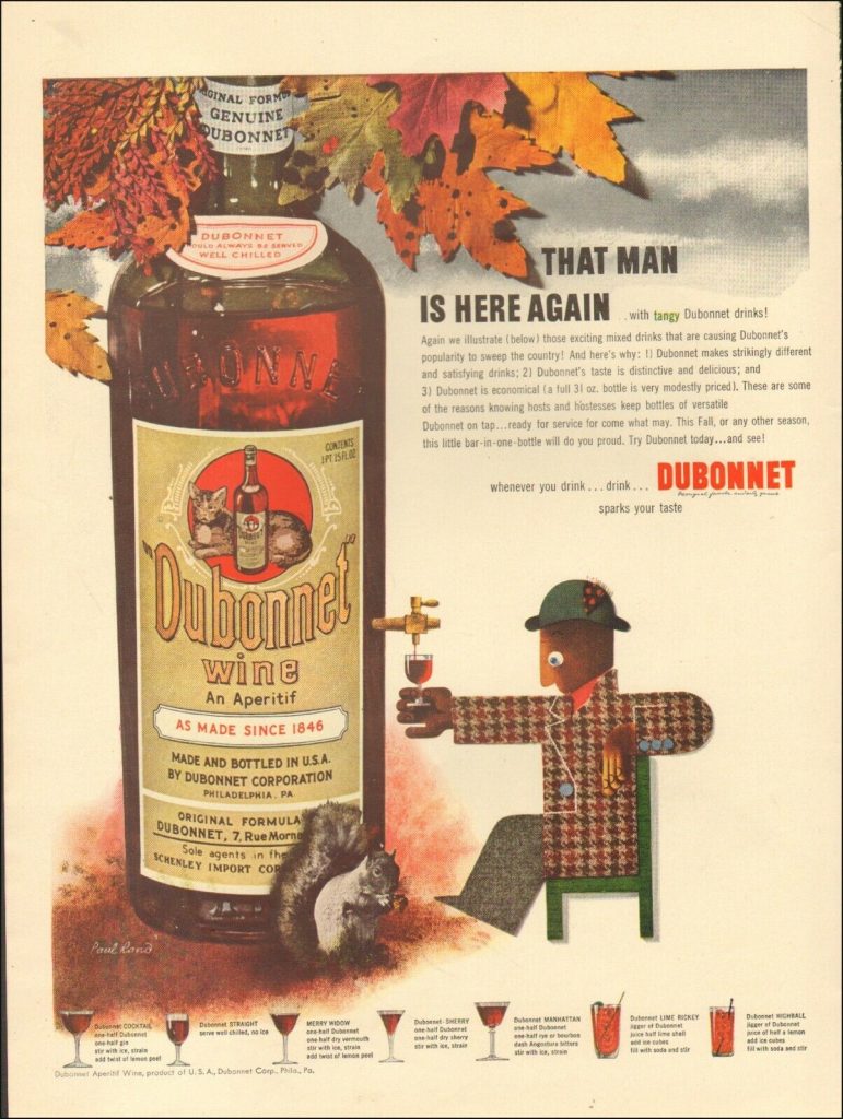 1950s vintage ad for Dubonnet wine an aperitif featuring fall leaves and vintage cocktail recipes