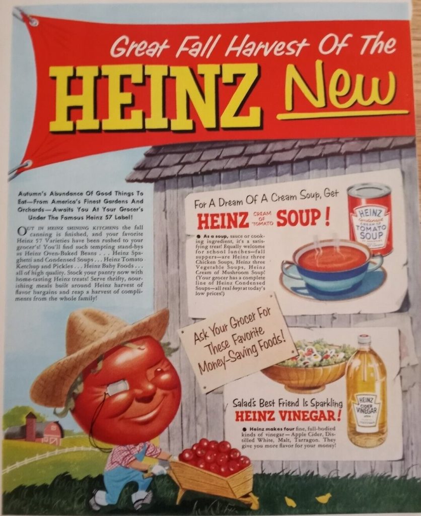 1950s vintage ad for Heinz Tomato soup and Cider Vinegar featuring Tomato man gathing tomatos for the Fall Harvest. 