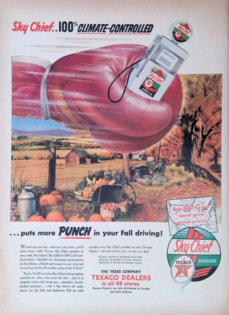 1950s vintage ad for Texaco gasoline featuring a fall country scene of pumpkins and a fall harvest