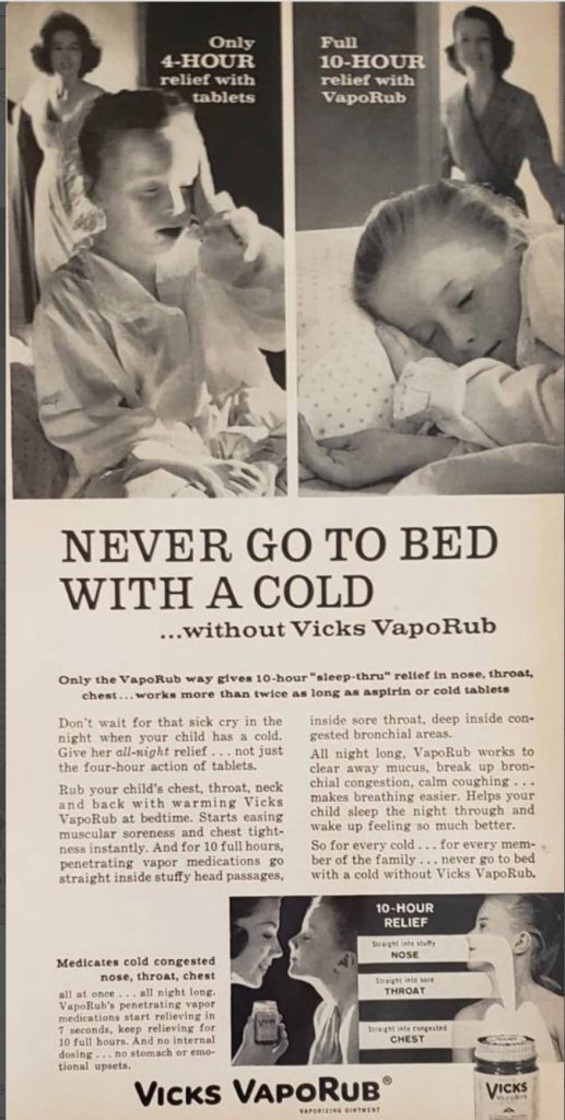 1950s Vintage Ad: 1959 VICKS VAPORUB Cold Relief Sleeping Medicine Medication Health Vintage Print Ad