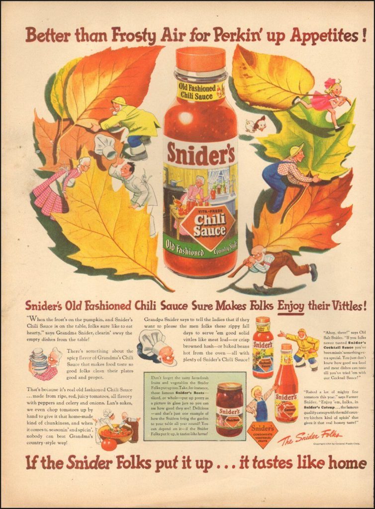 1950's Vintage ad for Snider's Chili Sauce featuring an illustration of Fall leaves, and people and vintage food ideas for Fall. 