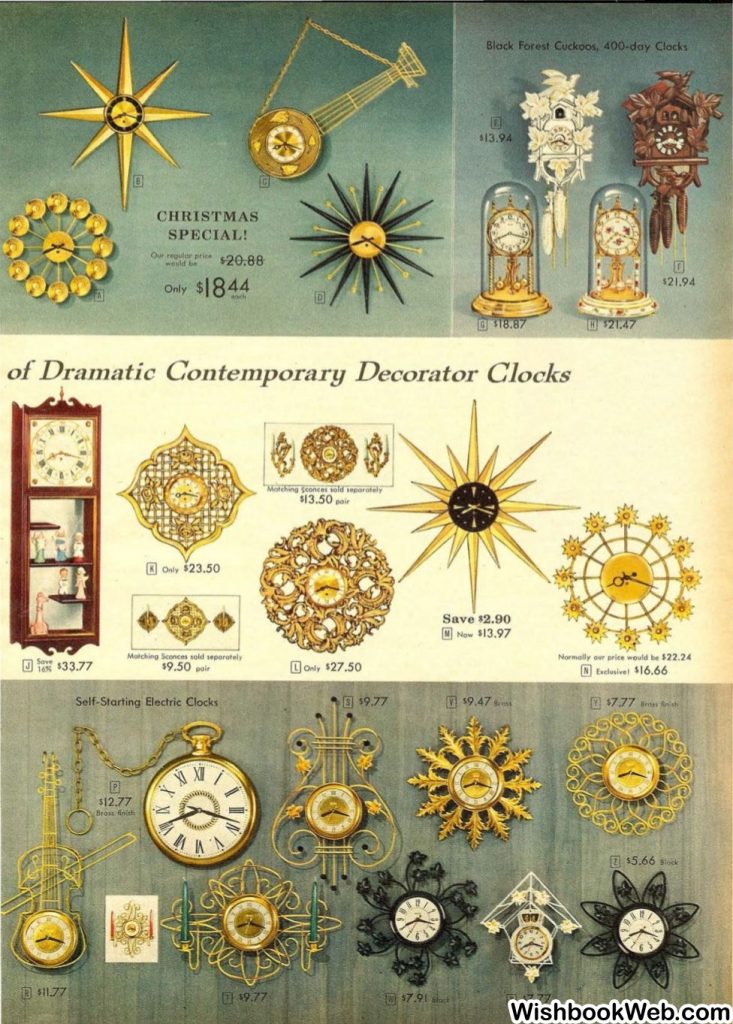 1950s vintage catalog page for all kinds of Mid Century Clocks-Starburst, Cucko Clocks and more!