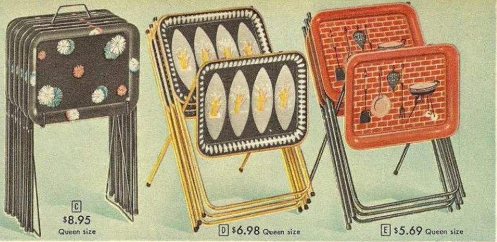 1950s vintage TV trays As seen in a 1958 Sears Christmas Wish Book - 6 Starburst pattern steel trays (far left). 