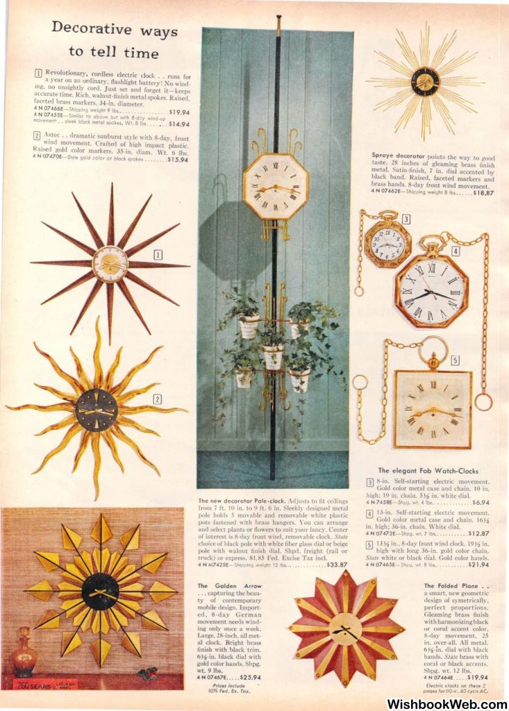 1959 Sears Wish Book Catalog page featuring Mid Century Clocks, like a Starburst clock. 