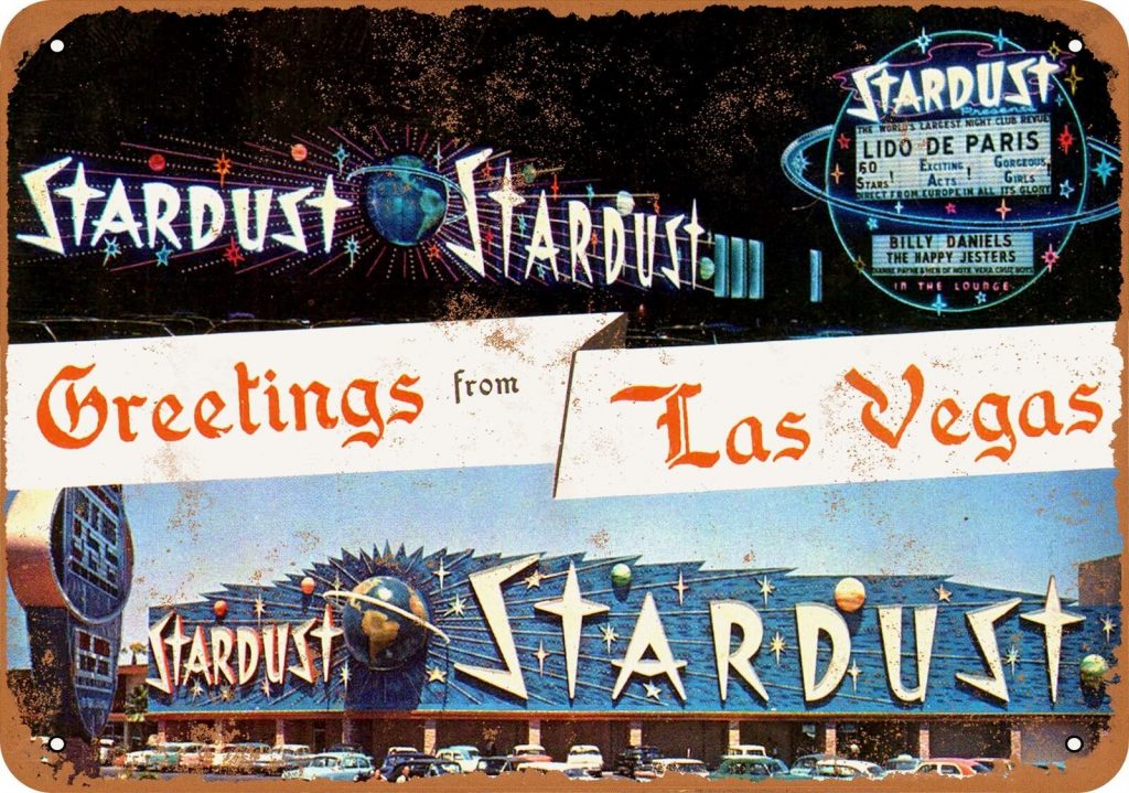 1959 Greetings From Las Vegas Stardust metal sign featuring the vintage atomic era signs.