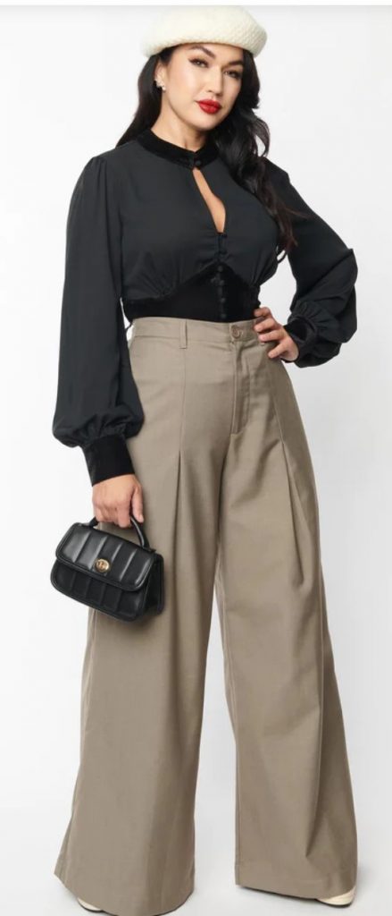 Unique Vintage Warm Grey Wide Leg Pants. The high waist is nipped in by the front zipper and button, while the glorious wide legs boast side pockets! Perfect Fall Fashion