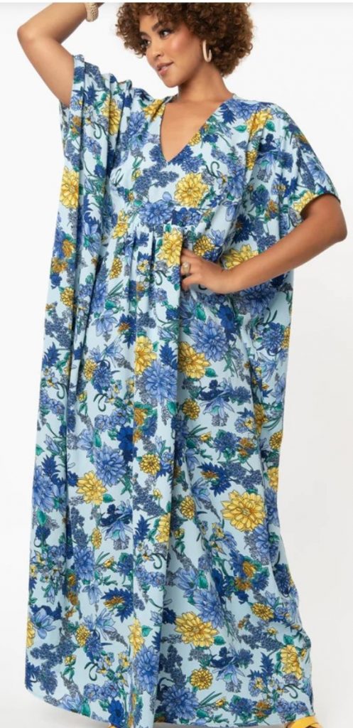 Unique Vintage: Blue & Yellow Floral Burton Caftan Dress - perfect summer dress or for a coverup at the pool or resort. 