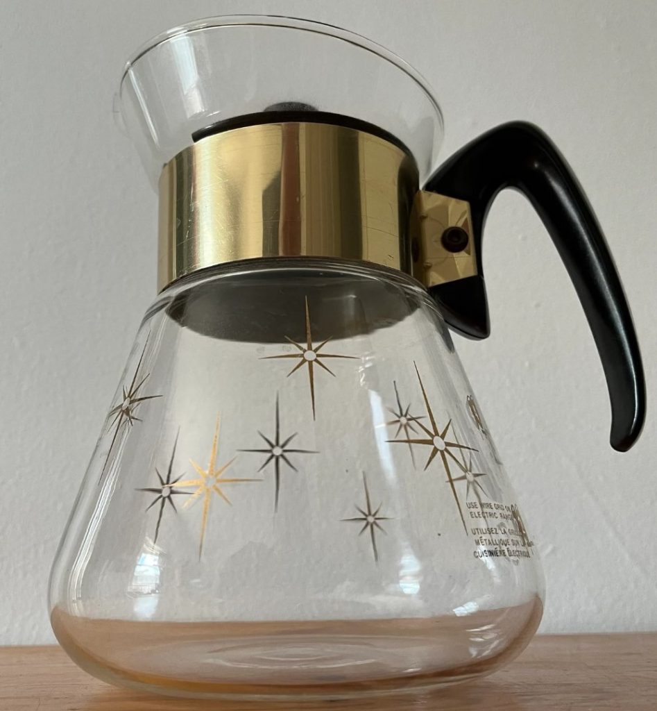 1960s Kitchen: Vintage Corning Ware Heat Proof Glass Gold Atomic Starburst Graduated Coffee Carafe