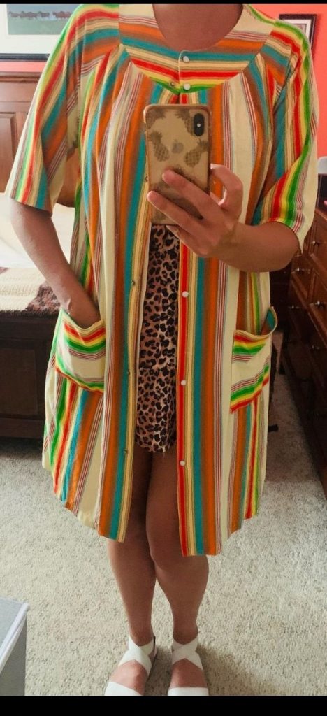 1940s Fashion: Wear a beach coat to the beach like this vintage rainbow striped beach jacket seen on Liz from the Vintage Inn Blog. 