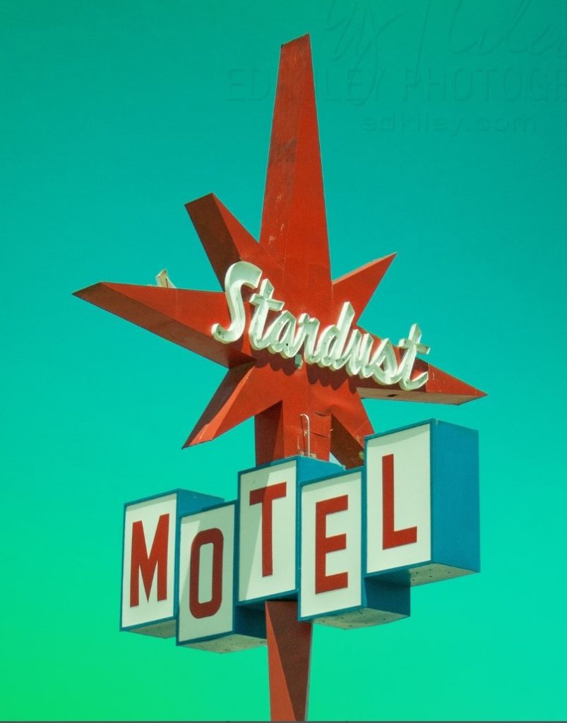 Stardust Motel in Redding, California featuring a Starburst design on the vintage sign. 