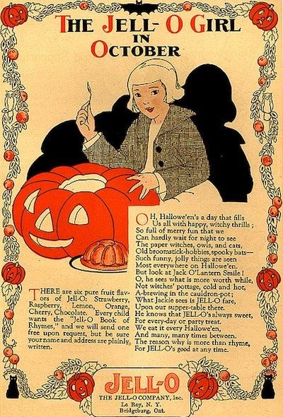 1920s vintage ad: 1920s Jell-O Halloween Advertisement featuring "The Jell-O Girl in October"