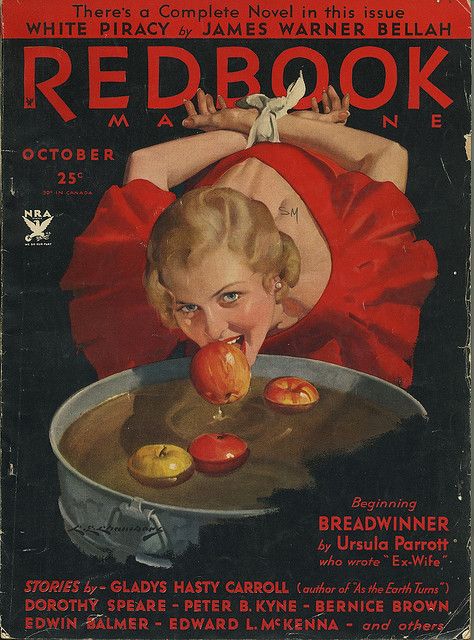 1930s vintage magazine cover of redbook october 1933 featuring a woman bobbing for apples with a 1930s hairstyle