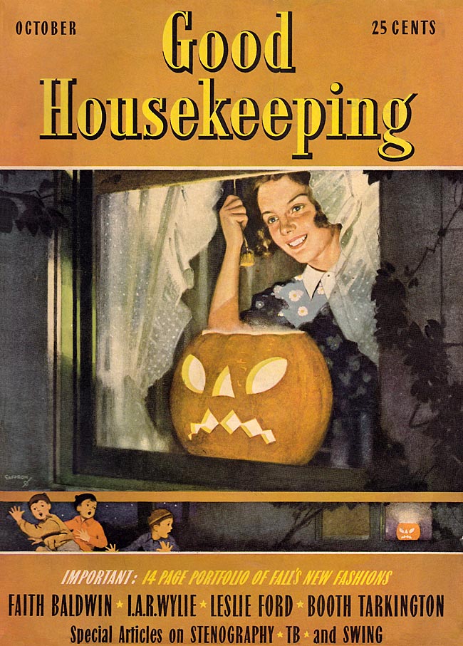 1930s vintage magazine cover: Good Housekeeping 1938 Halloween Cover. Young mother grins as she puts a sneering jack-'o-lantern in the window for Halloween, but it is so graphic it frightens away the trick-or-treaters