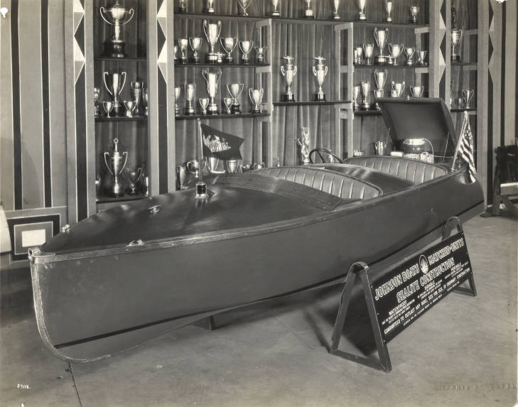 1930s vintage photo of a 1930s boat a The Johnson Outboard Motors and Boats exhibit seen at the Chicago's World's Fair 1933 1934