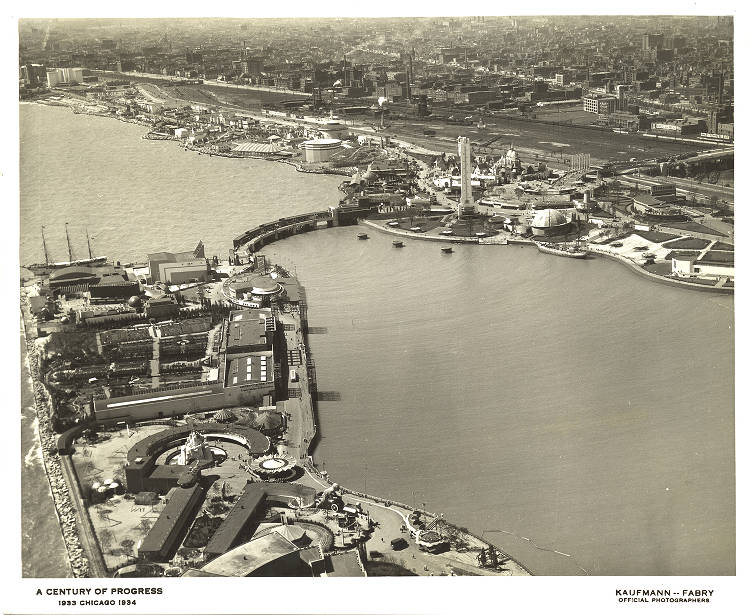 1930s vintage photo of the aerial view of the chicago World's Fair grounds. 