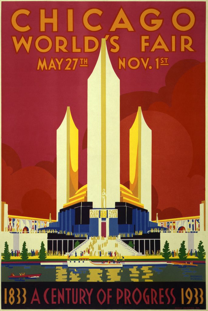 1930s Vintage Poster for the Chicago World Fair: Poster for Century of Progress World's Fair Chicago showing exhibition buildings with boats on water in foreground.