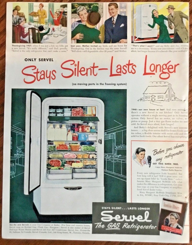 1940s vintage ad for Servel refrigerator ad 1948. The GAS Refrigerator is perfect to hold your Thanksgiving meals. The ad illustration features