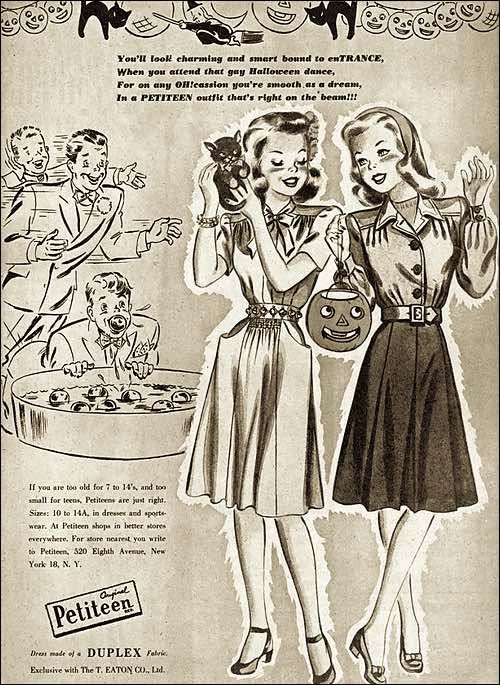 1940s vintage ad for PETITEEN drawer and sportswear for the petite teen girl. This vintage halloween ad features and illustration of two teen girls in 1940s fashions at a halloween party. Also featured 1940s hairstyles. 