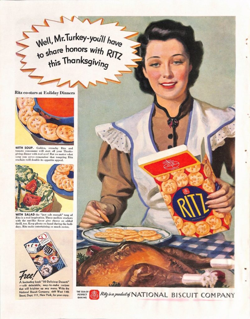 1940s ad for Ritz Crackers a product of  National Biscuit Company. Ilustration features a woman holding a Ritz cracker box and showcases the different things you can do with ritz crackers. 