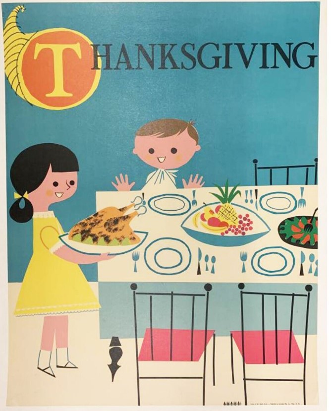 Vintage Thanksgiving Advertisement: 1950s Children's Thanksgiving Poster, Jacronda Mfg. Co. from 1953. The illustration features two kids at the dinner table with a turkey. 