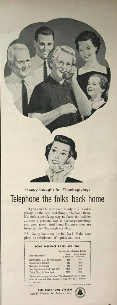 1950s vintage ad for Bell Telephone. Call your folks on Thanksgiving. Illustration features a woman on the phone talking to her family. 