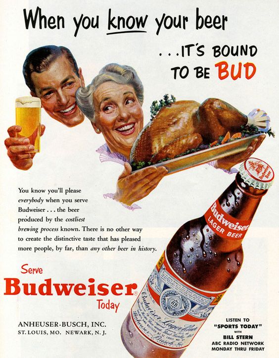 1950s vintage ad for Budweiser Beer. Serve Budweiser at your Thanksgiving dinner. Illustration of a man drinking beer while his mother serves the turkey. 