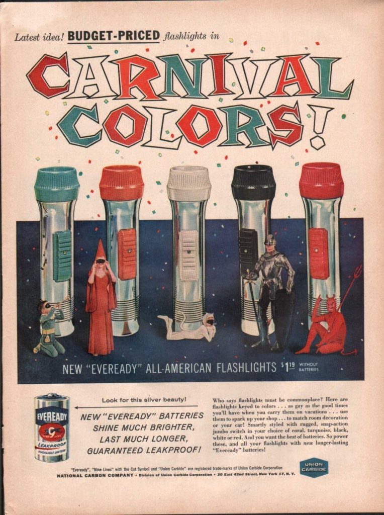 1950s Vintage Ad: 1959 Everready Batteries for flashlights to be used at Halloween in Carnival colors. Featuring kids and adults dressed up in Halloween costumes. 