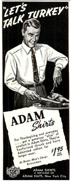 1950s vintage ad for Adam Shirts perfect for Thanksgiving and everyday. 1950s mens fashion. 