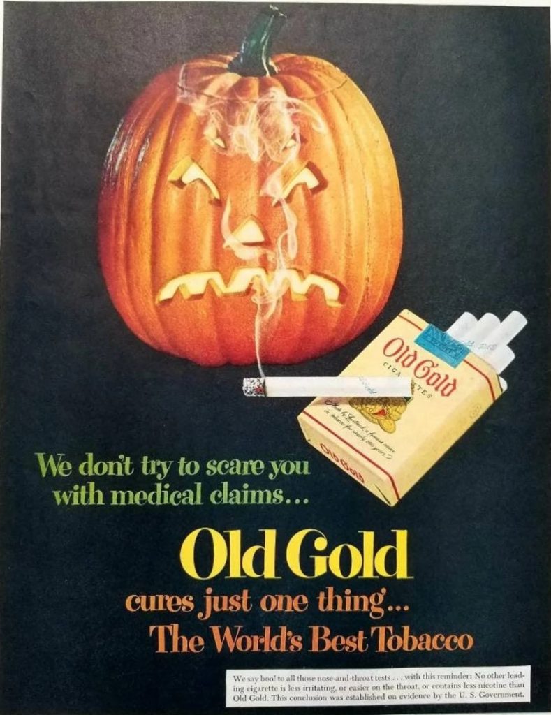 1950s vintage ad for old gold cigarettes featuring a halloween pumpkin. Vintage Halloween advertisement