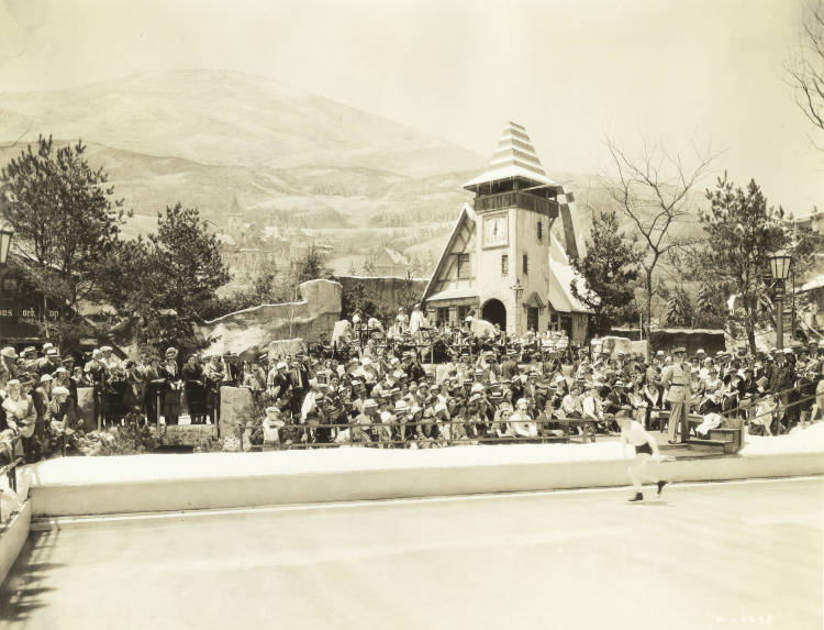 1930s vintage photo of Patrons watching ice skating at the Black Forest Village at the Century of Progress Foreign Villages exhibit at the Chicago's World's Fair 1933 1934