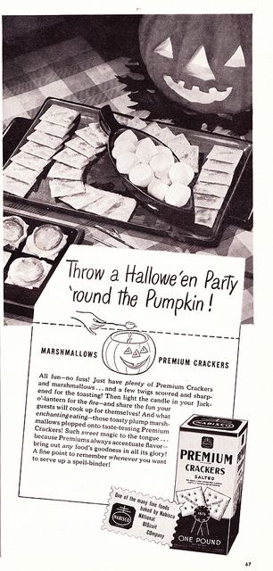 "Throw a Hallowe'en Party 'round the Pumpkin!". Vintage Ad for Crackers as seen in Woman's Day magazine, October 1947. Ad features marshmallows on crackers. 