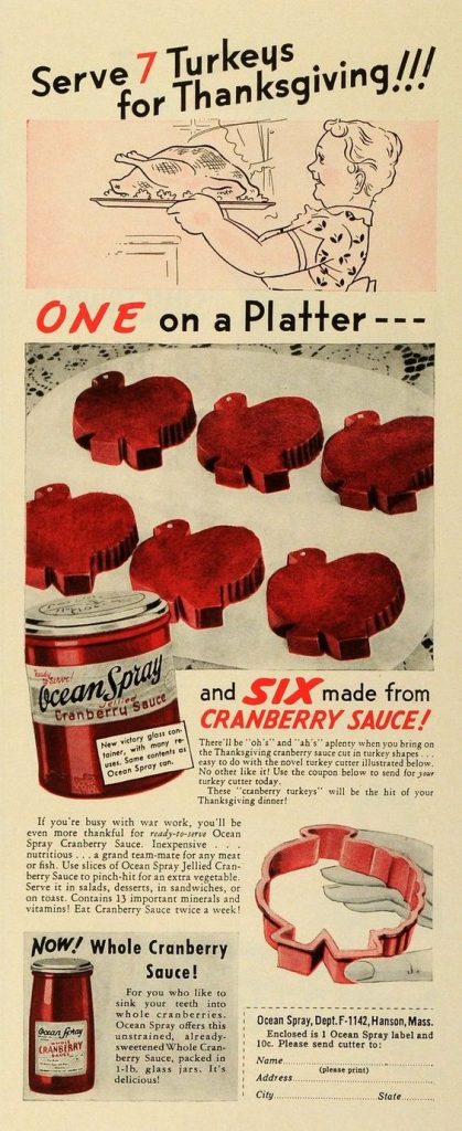 1940s vintage ad for Ocean Spray Cranberry Sauce. Thanksgiving Turkey's & Cranberry sauce go hand in hand. 