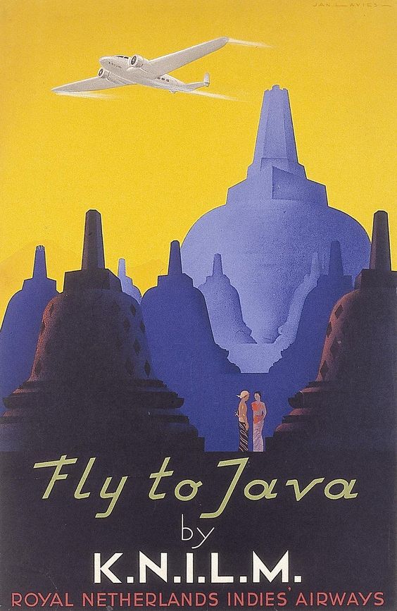 1930s vintage travel poster for travel to Java Indonesia via royal netherlands indies airways