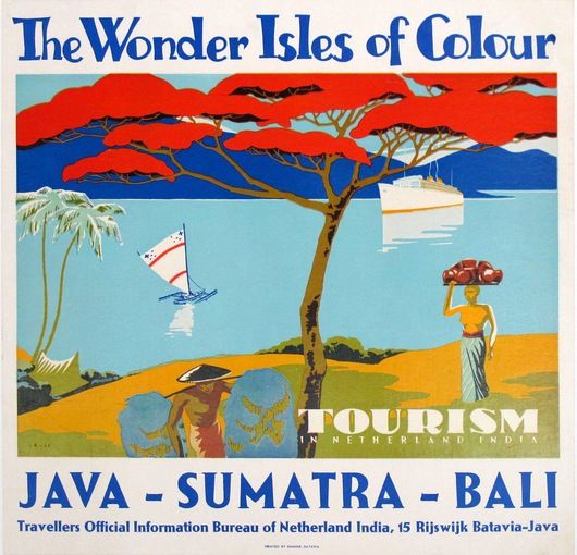 1930s vintage travel poster for travel to Java - Sumatra - Bali - The Wonder Isles of Colour 