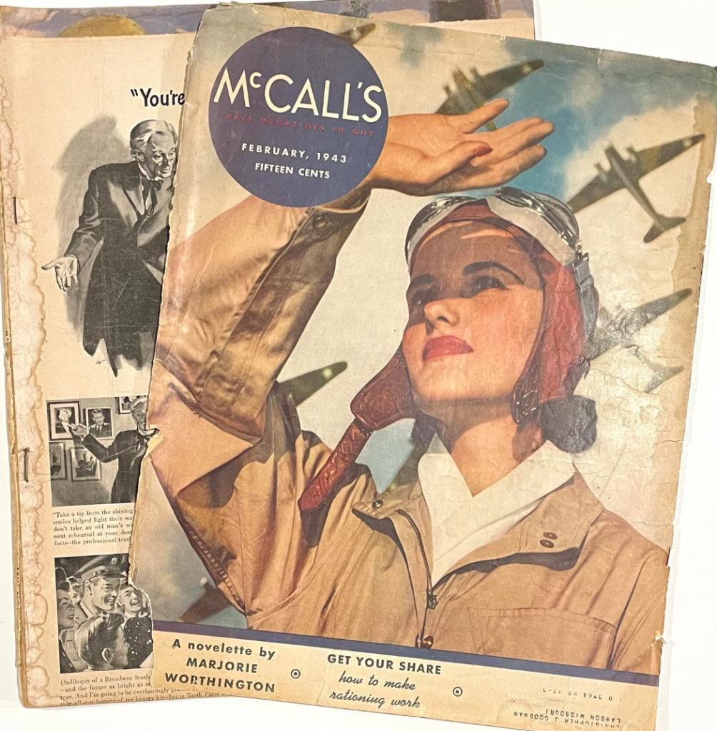 1940s vintage magazine: McCall's Magazine, February 1943 with an amazing cover of an Aviatrix