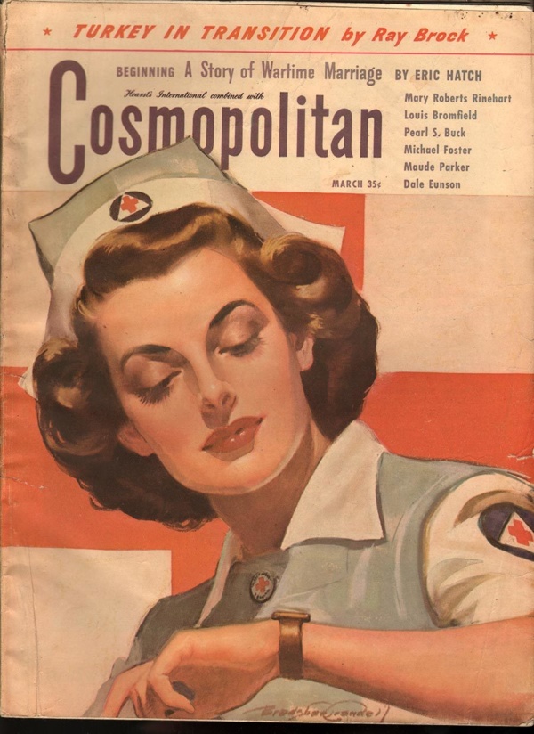 1940s vintage magazine cover from Cosmpolitan magazine, March featuring a woman during WW2 as a nurse. Inside the magazine is a story of Wartime Marriage. 