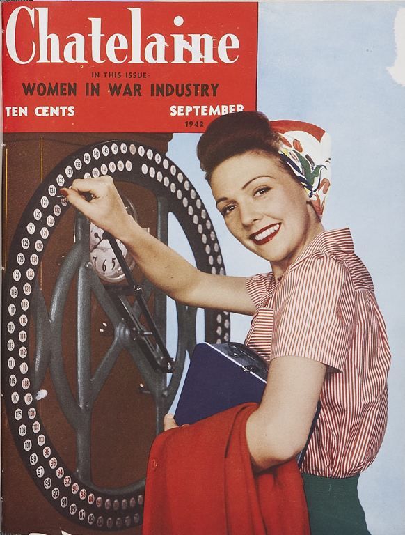 1940s vintage magazine cover - Chatelaine magazine, September 1942. "Clocking in to start her war work". She is wearing 1940s factory outfit and hairscarf and 1940s hairstyle. 